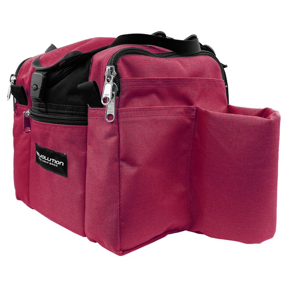 Gotta Go Gotta Throw Revolution Mini Deluxe V3 disc golf bag in crimson with multiple compartments and adjustable straps.