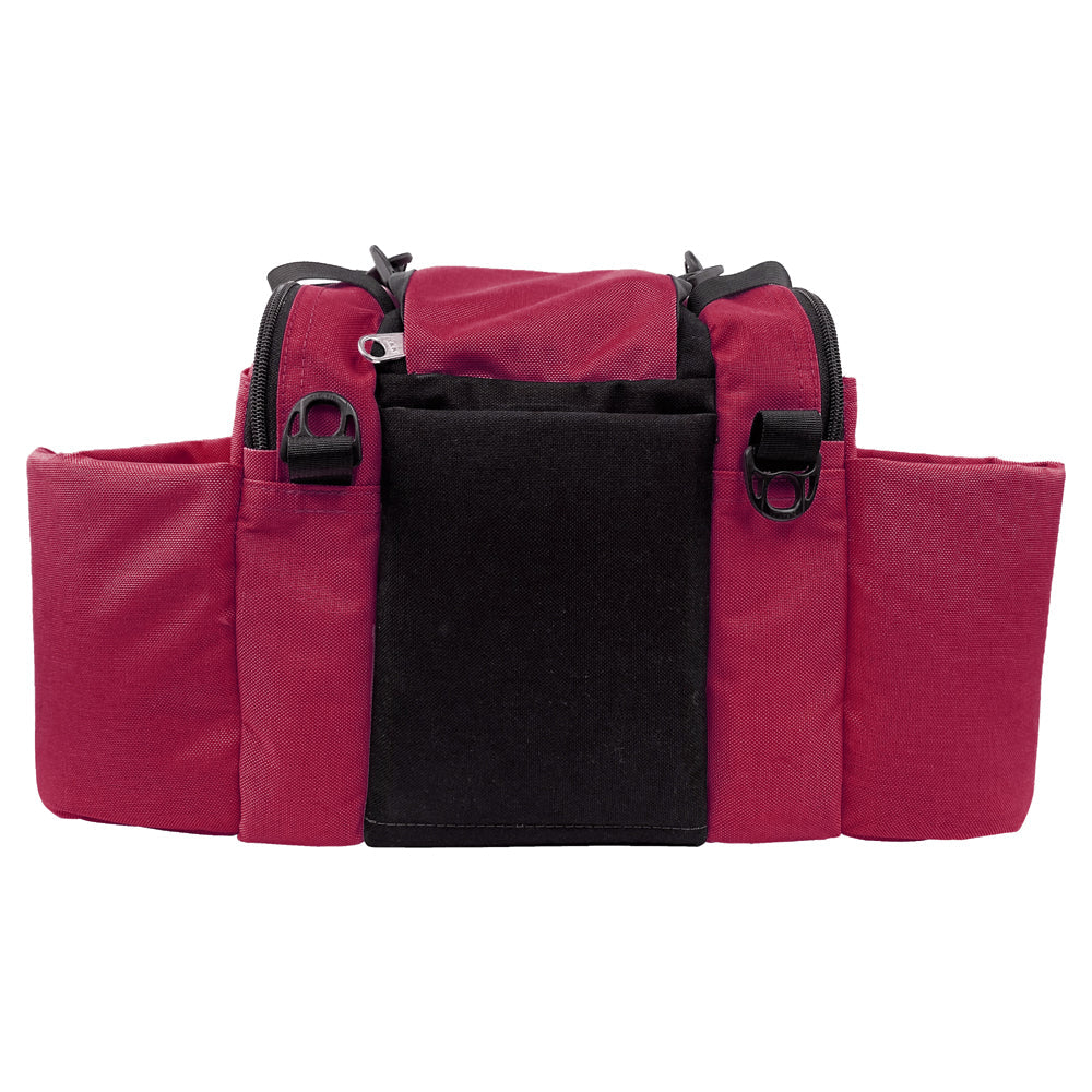 Gotta Go Gotta Throw Revolution Mini Deluxe V3 disc golf bag in crimson with black accents, compact and lightweight for disc storage.