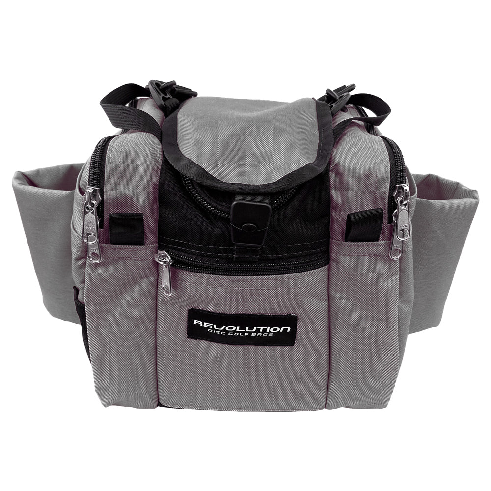 Gotta Go Gotta Throw Revolution Mini Deluxe V3 disc golf bag in Mountain Mist with gray and black design, compact and durable.