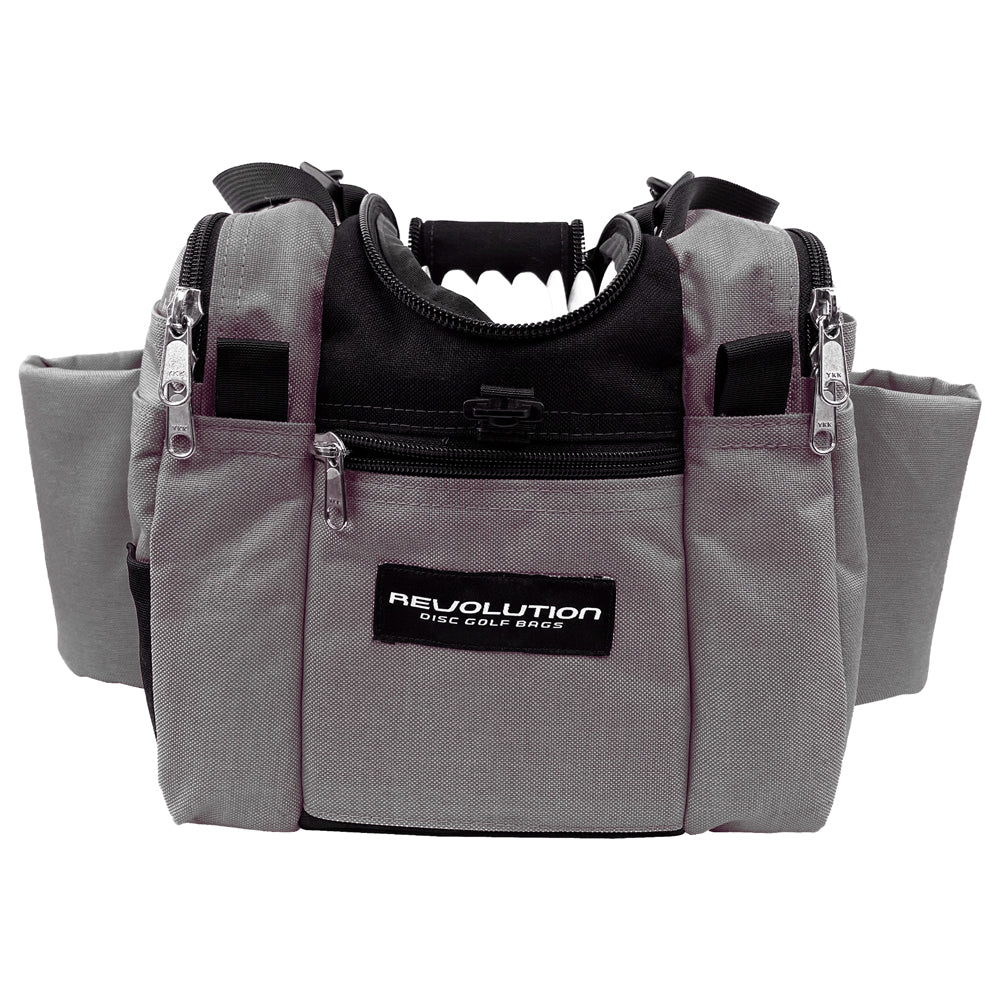 Gotta Go Gotta Throw Revolution Mini Deluxe V3 disc golf bag in Mountain Mist color with multiple compartments and adjustable straps