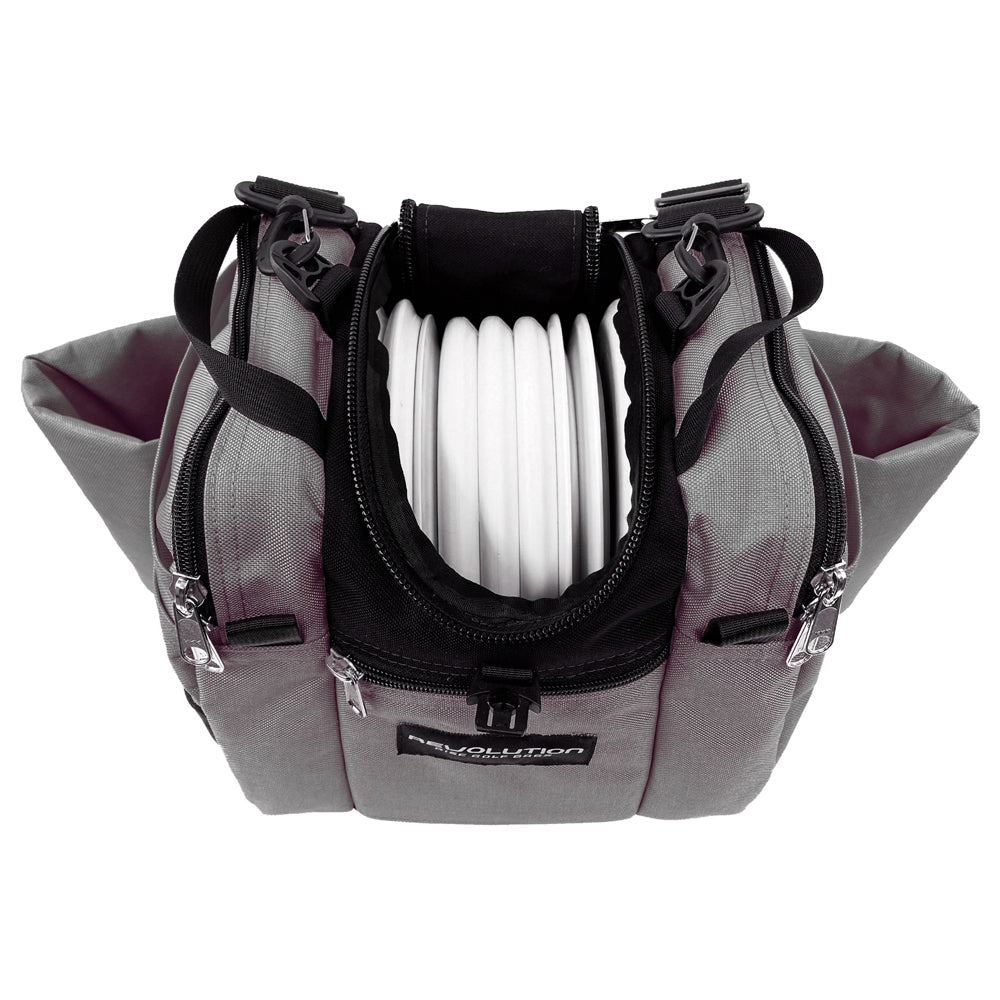Gotta Go Gotta Throw Revolution Mini Deluxe V3 disc golf bag in Mountain Mist with gray and black design, compact and portable.