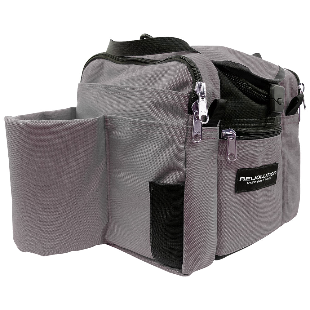 Gotta Go Gotta Throw Revolution Mini Deluxe V3 disc golf bag in Mountain Mist with gray and black design, compact and lightweight.