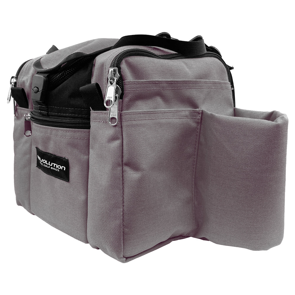 Gotta Go Gotta Throw Revolution Mini Deluxe V3 disc golf bag in Mountain Mist with gray and black design, compact and sturdy.