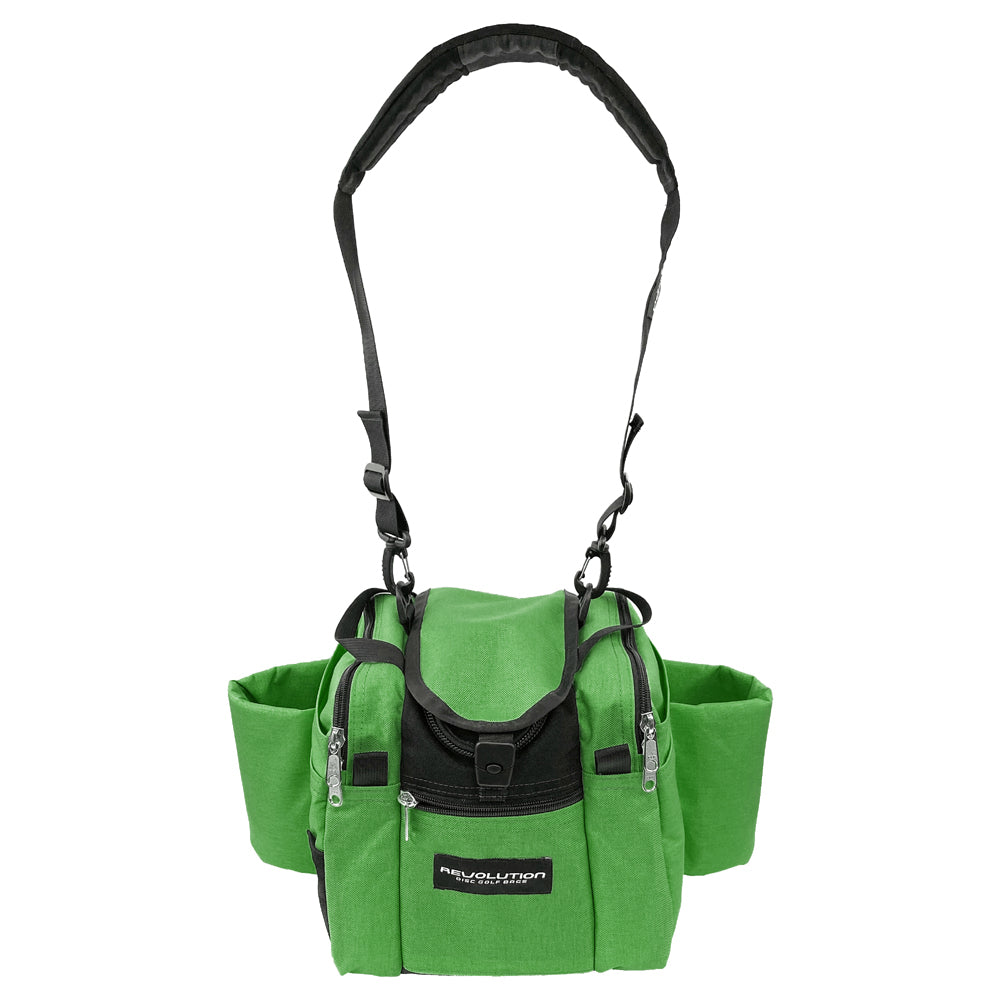 Gotta Go Gotta Throw Revolution Mini Deluxe V3 disc golf bag in forest green and black, with multiple compartments and adjustable straps.