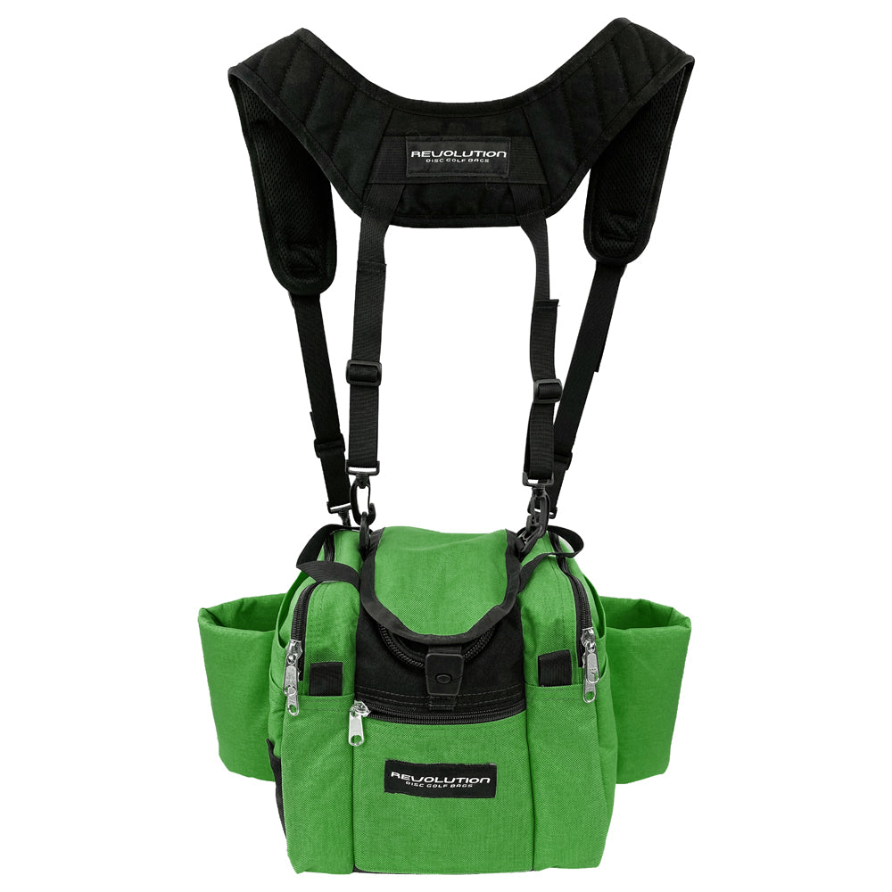 Gotta Go Gotta Throw Revolution Mini Deluxe V3 disc golf bag in forest green and black with multiple compartments.