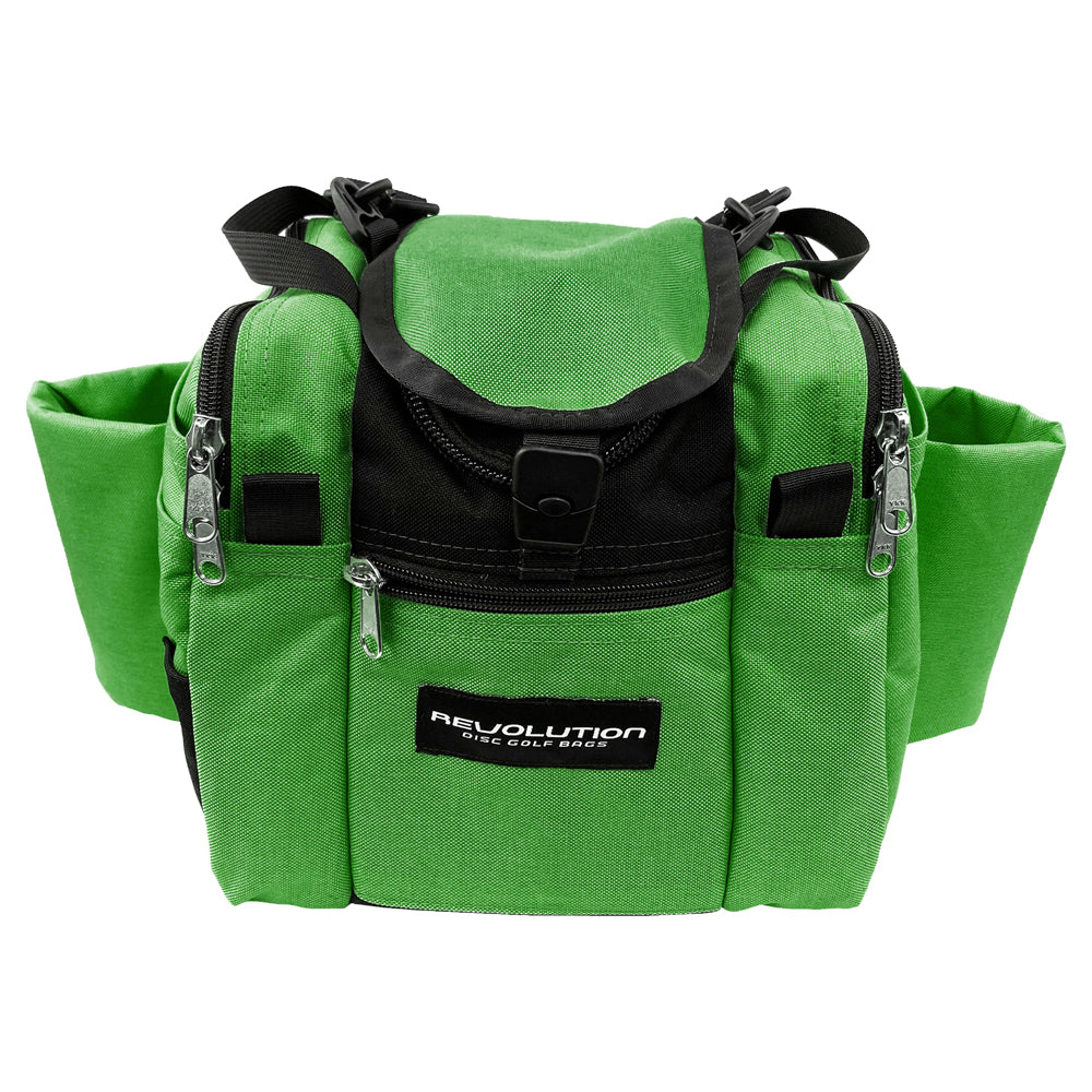 Gotta Go Gotta Throw Revolution Mini Deluxe V3 disc golf bag in forest green and black, showing multiple compartments and sturdy straps.