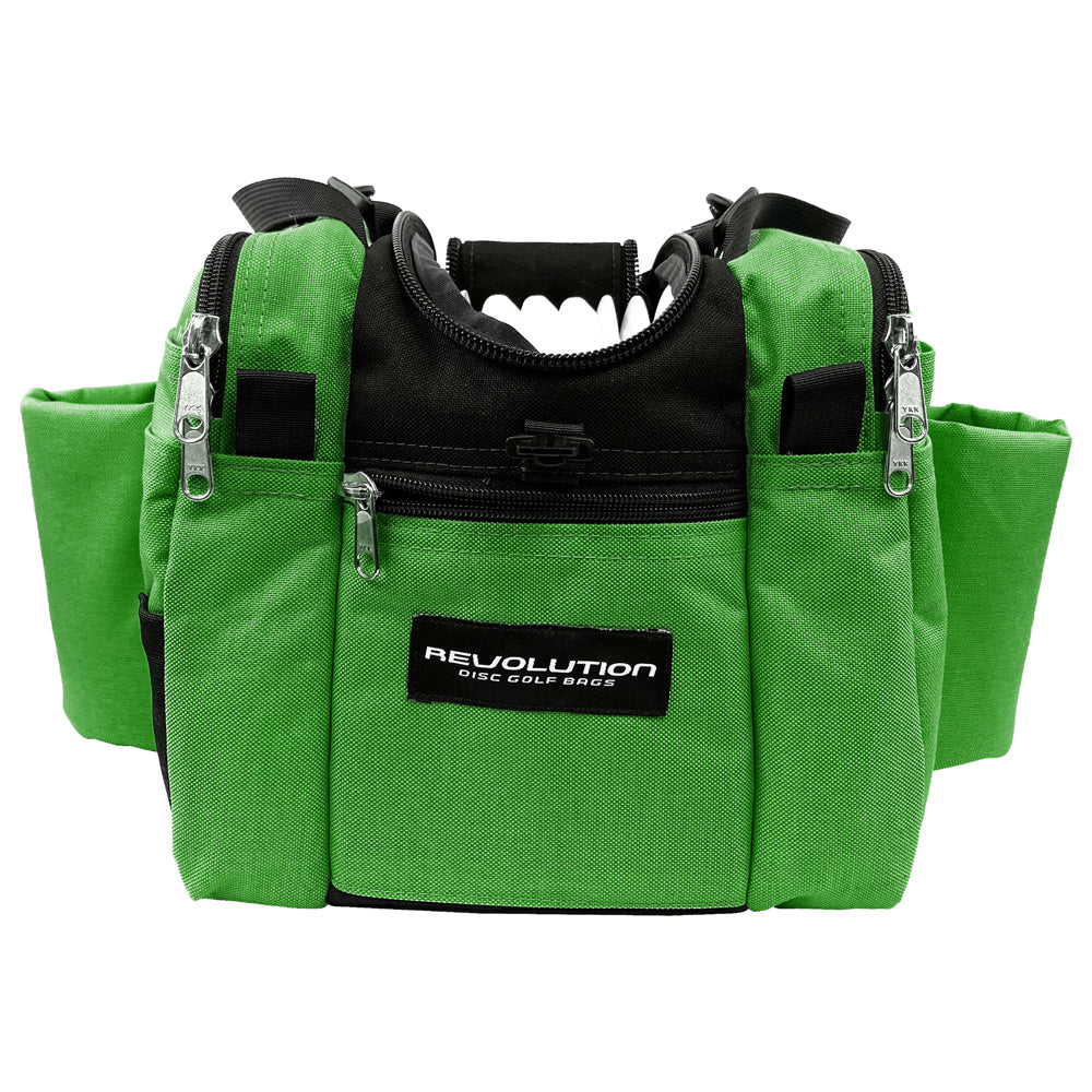 Gotta Go Gotta Throw Revolution Mini Deluxe V3 disc golf bag in forest green and black, with multiple compartments and carrying straps.