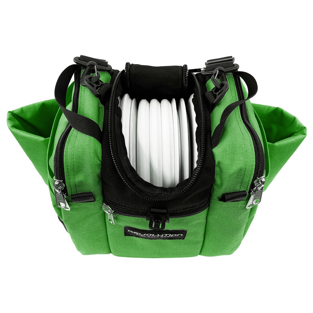 Gotta Go Gotta Throw Revolution Mini Deluxe V3 disc golf bag in forest green with black accents, compact and lightweight for players.