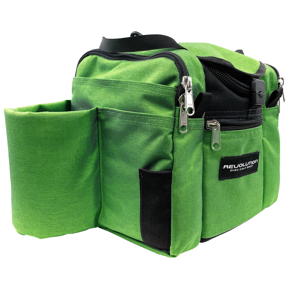 Gotta Go Gotta Throw Revolution Mini Deluxe V3 Disc Golf Bag in forest green and black, showing its compact, organized design.