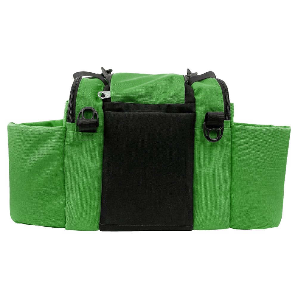 Gotta Go Gotta Throw Revolution Mini Deluxe V3 disc golf bag in forest green and black, showing multiple compartments and carry straps.