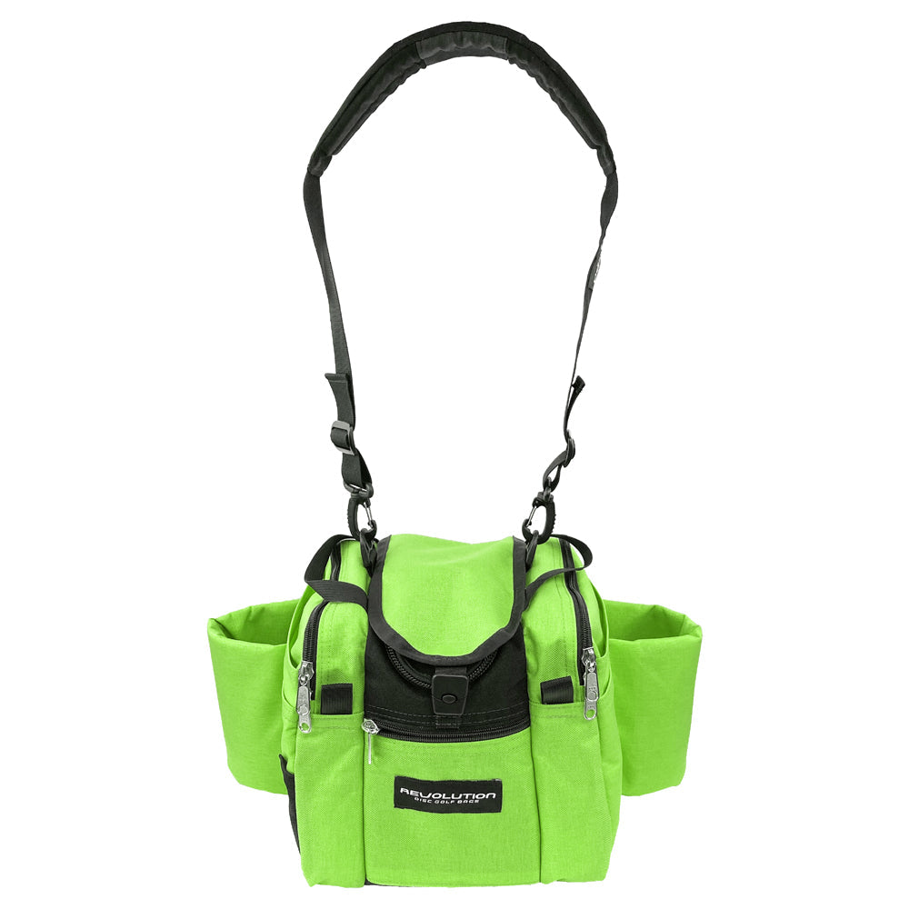 Gotta Go Gotta Throw Revolution Mini Deluxe V3 disc golf bag in lime green with black accents, compact and lightweight for disc storage.