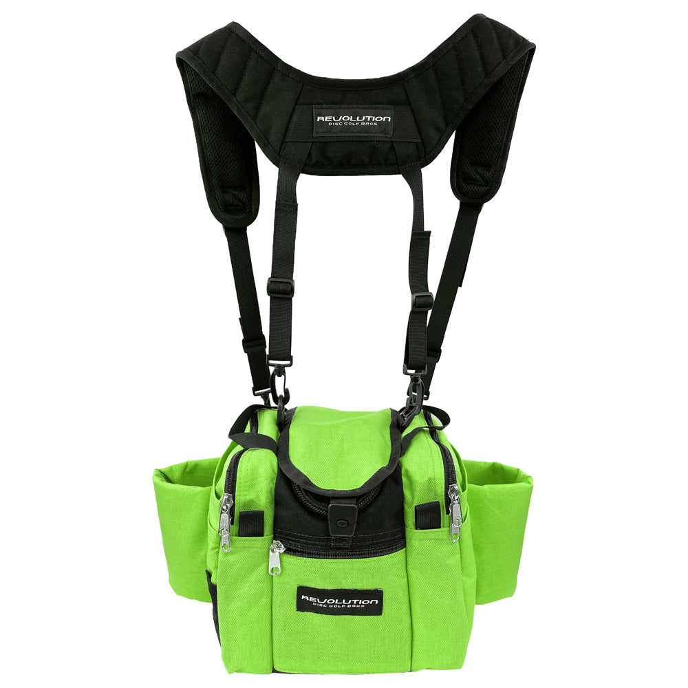 Gotta Go Gotta Throw Revolution Mini Deluxe V3 disc golf bag in lime green with black accents, compact and lightweight for disc carrying.