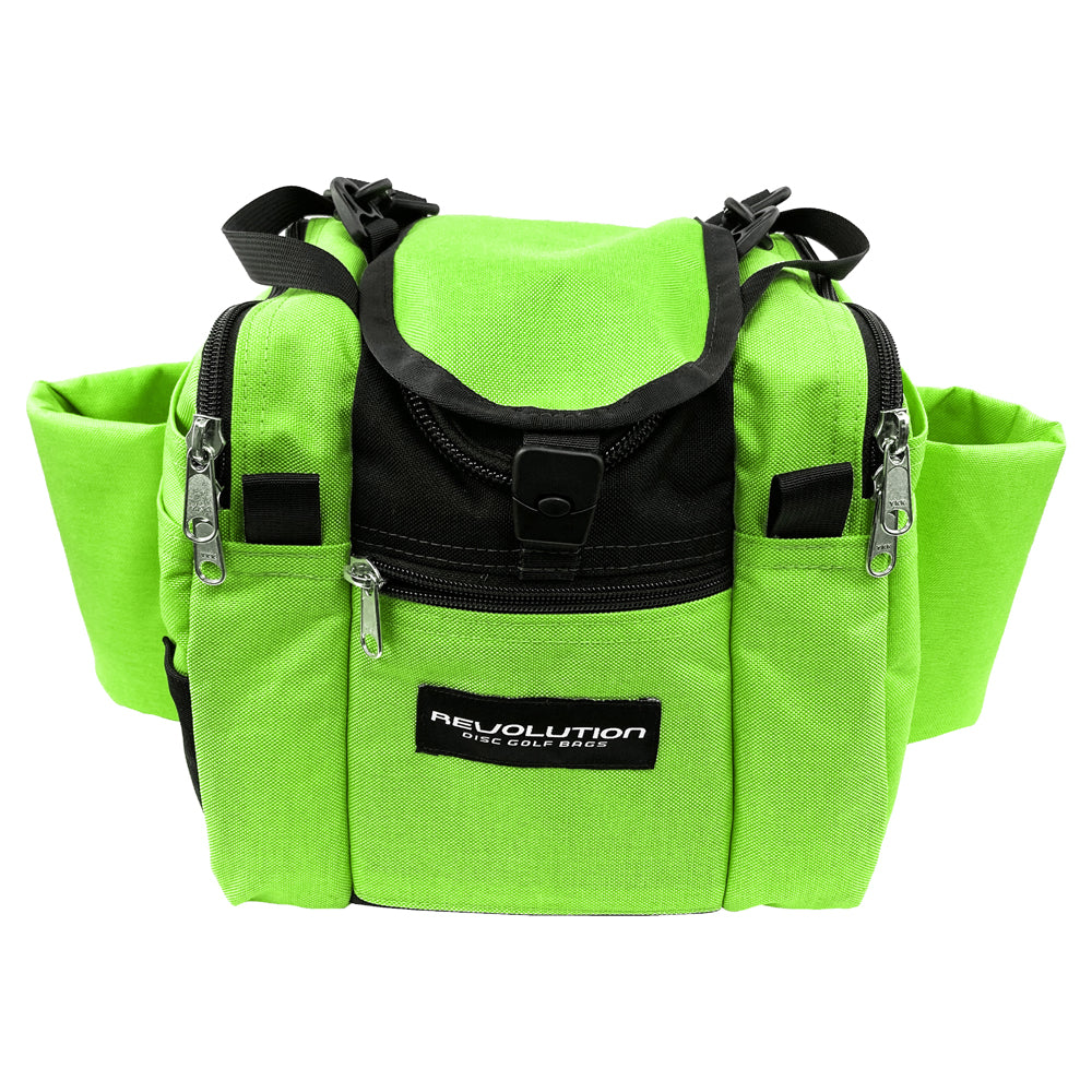 Gotta Go Gotta Throw Revolution Mini Deluxe V3 disc golf bag in lime green with black accents, compact and lightweight for disc storage.