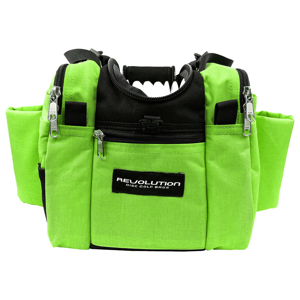 Gotta Go Gotta Throw Revolution Mini Deluxe V3 Disc Golf Bag in lime green with black accents, compact and lightweight for disc storage.