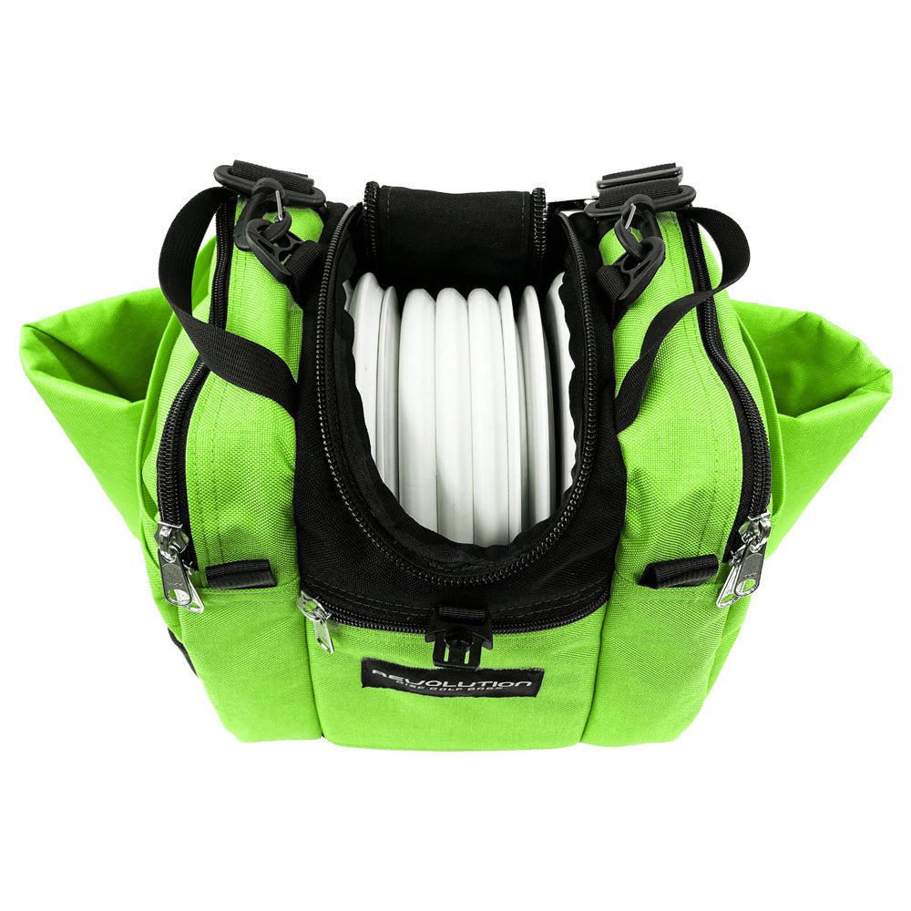 Gotta Go Gotta Throw Revolution Mini Deluxe V3 disc golf bag in lime green with black accents, compact and lightweight for disc storage.