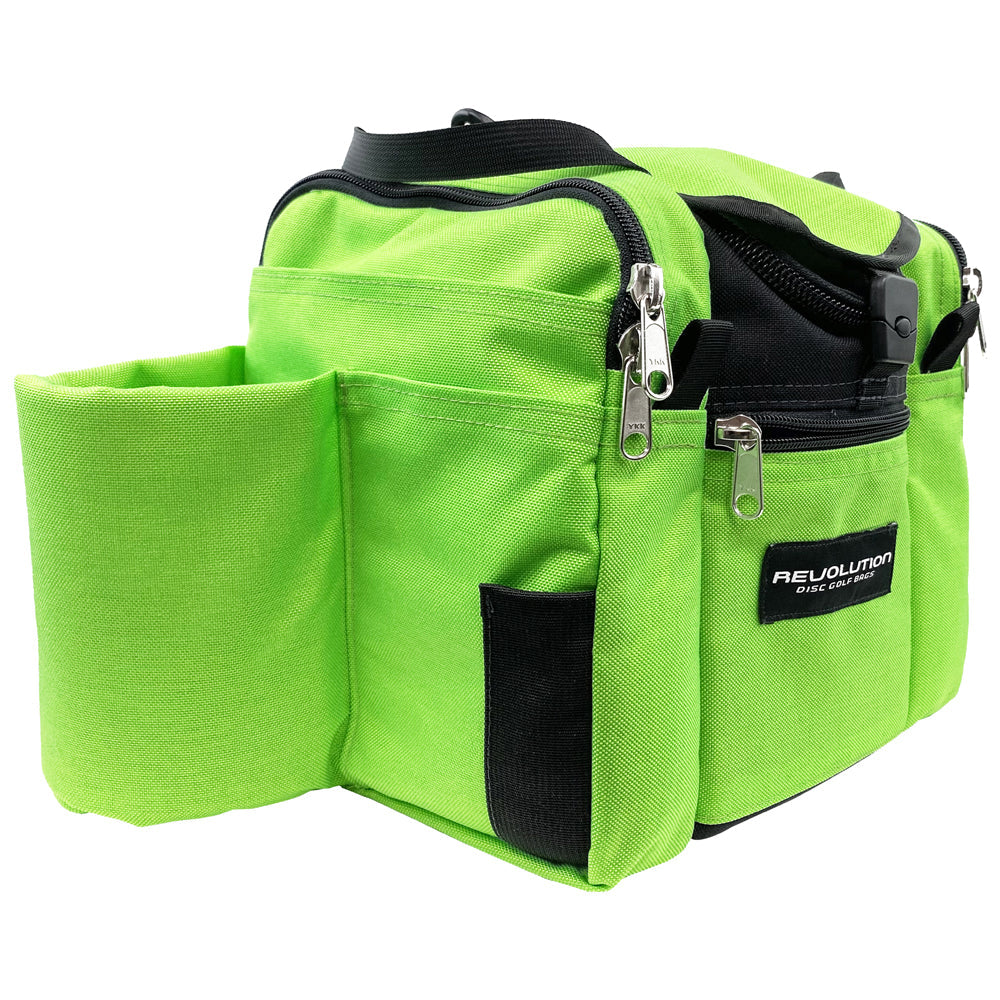 Gotta Go Gotta Throw Revolution Mini Deluxe V3 disc golf bag in lime green with black accents, compact and durable design.
