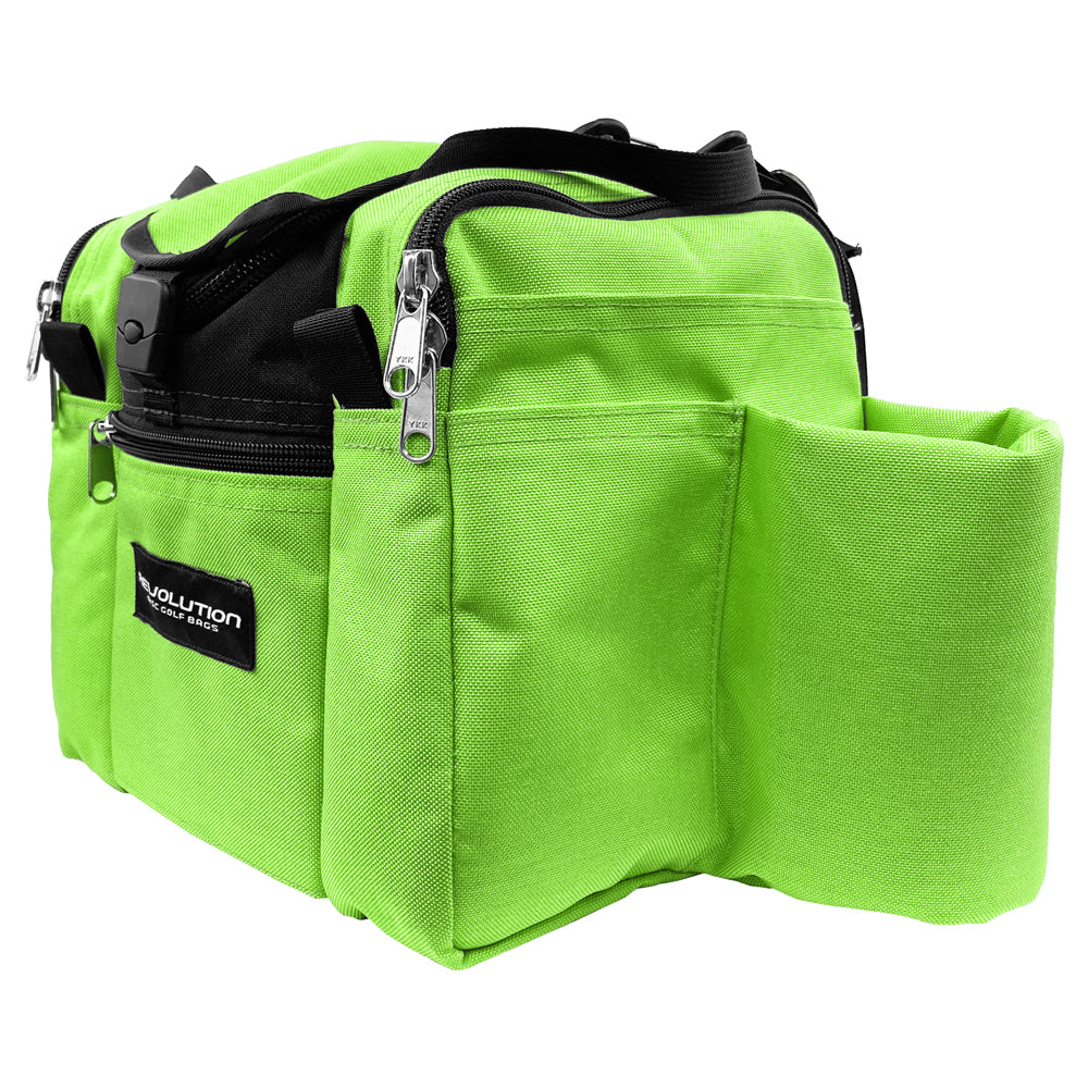 Gotta Go Gotta Throw Revolution Mini Deluxe V3 disc golf bag in lime green with black accents, compact and lightweight for disc storage.
