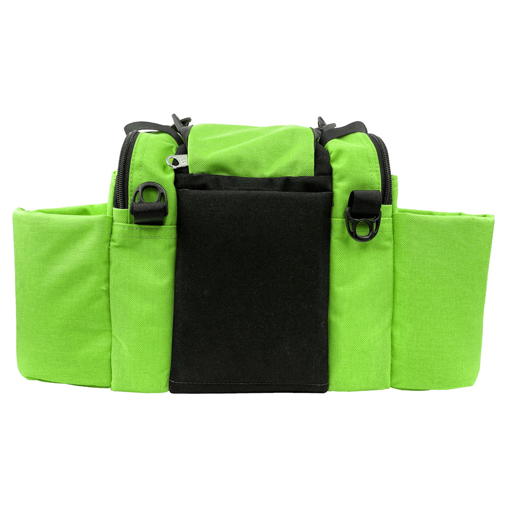 Gotta Go Gotta Throw Revolution Mini Deluxe V3 disc golf bag in lime green with black accents, compact and lightweight for disc storage.