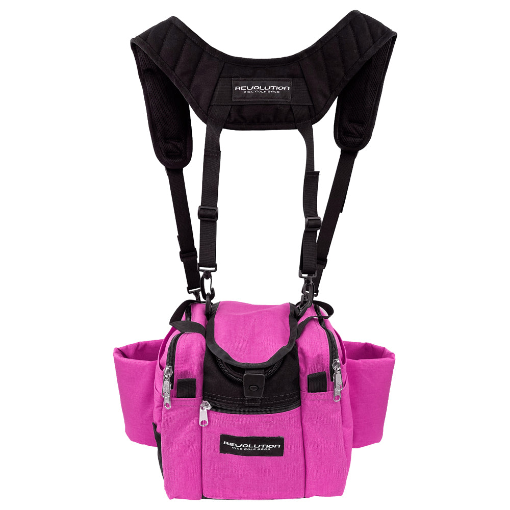 Gotta Go Gotta Throw Revolution Mini Deluxe V3 disc golf bag in brilliant rose with black accents, compact and lightweight for players