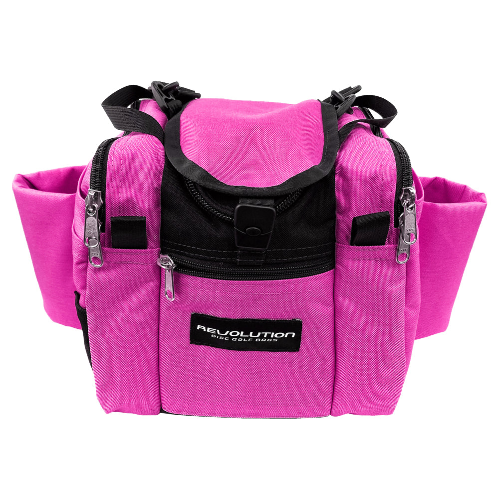 Gotta Go Gotta Throw Revolution Mini Deluxe V3 Disc Golf Bag in Brilliant Rose with black accents, compact and lightweight for disc golf.