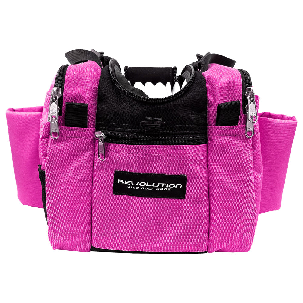 Gotta Go Gotta Throw Revolution Mini Deluxe V3 disc golf bag in brilliant rose with black accents, compact and lightweight for disc storage