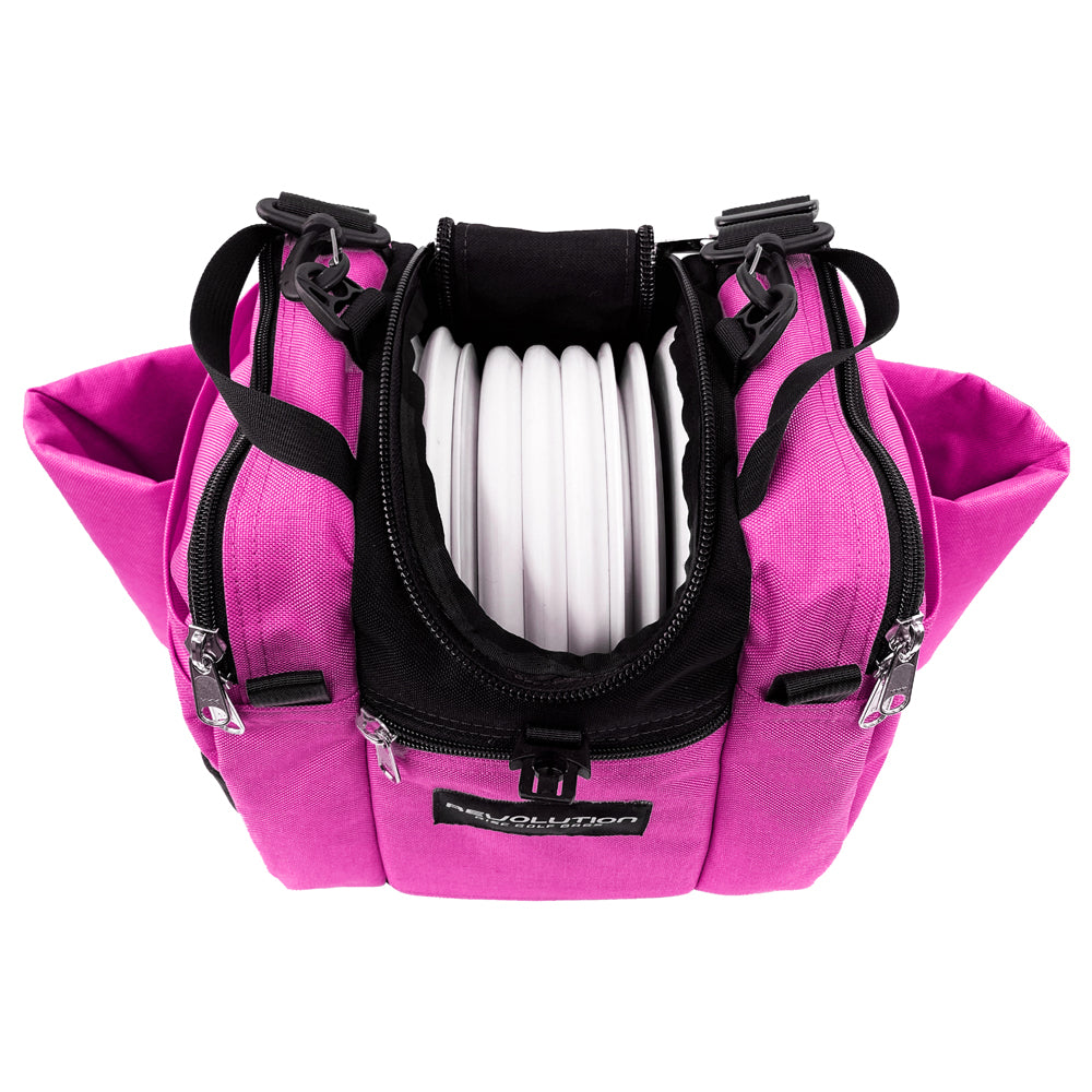 Gotta Go Gotta Throw Revolution Mini Deluxe V3 Disc Golf Bag in Brilliant Rose with black accents, compact and versatile for disc golf.