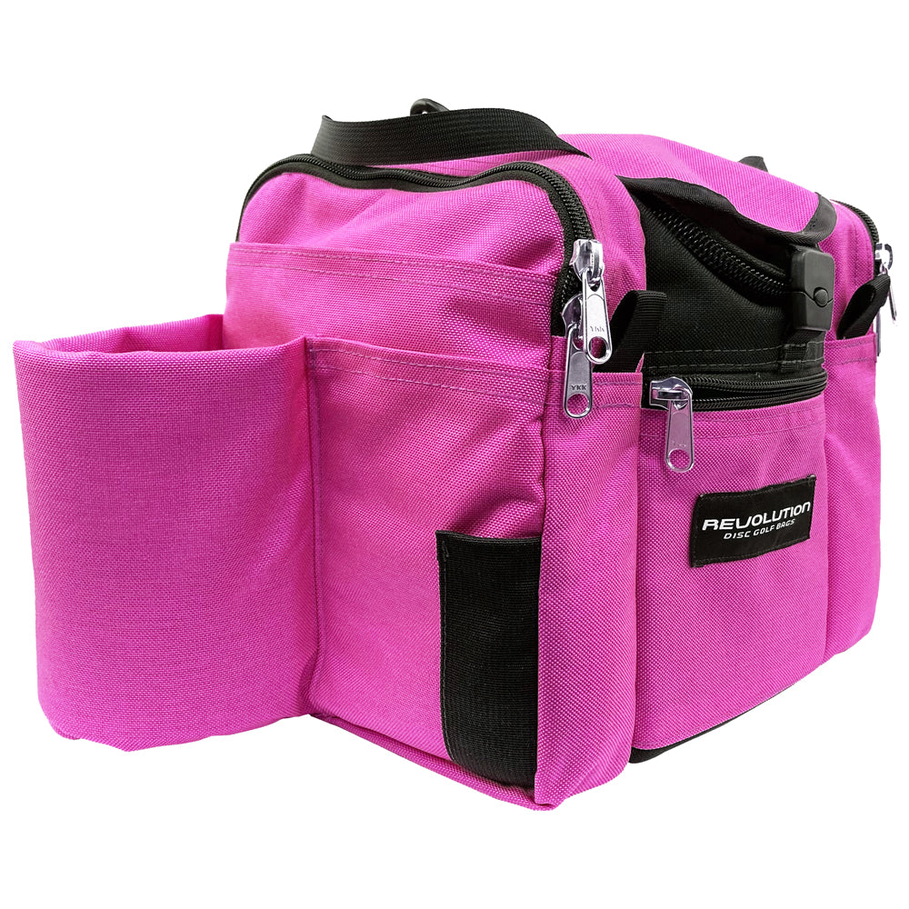 Gotta Go Gotta Throw Revolution Mini Deluxe V3 Disc Golf Bag in brilliant rose with black accents, compact and lightweight for disc storage.