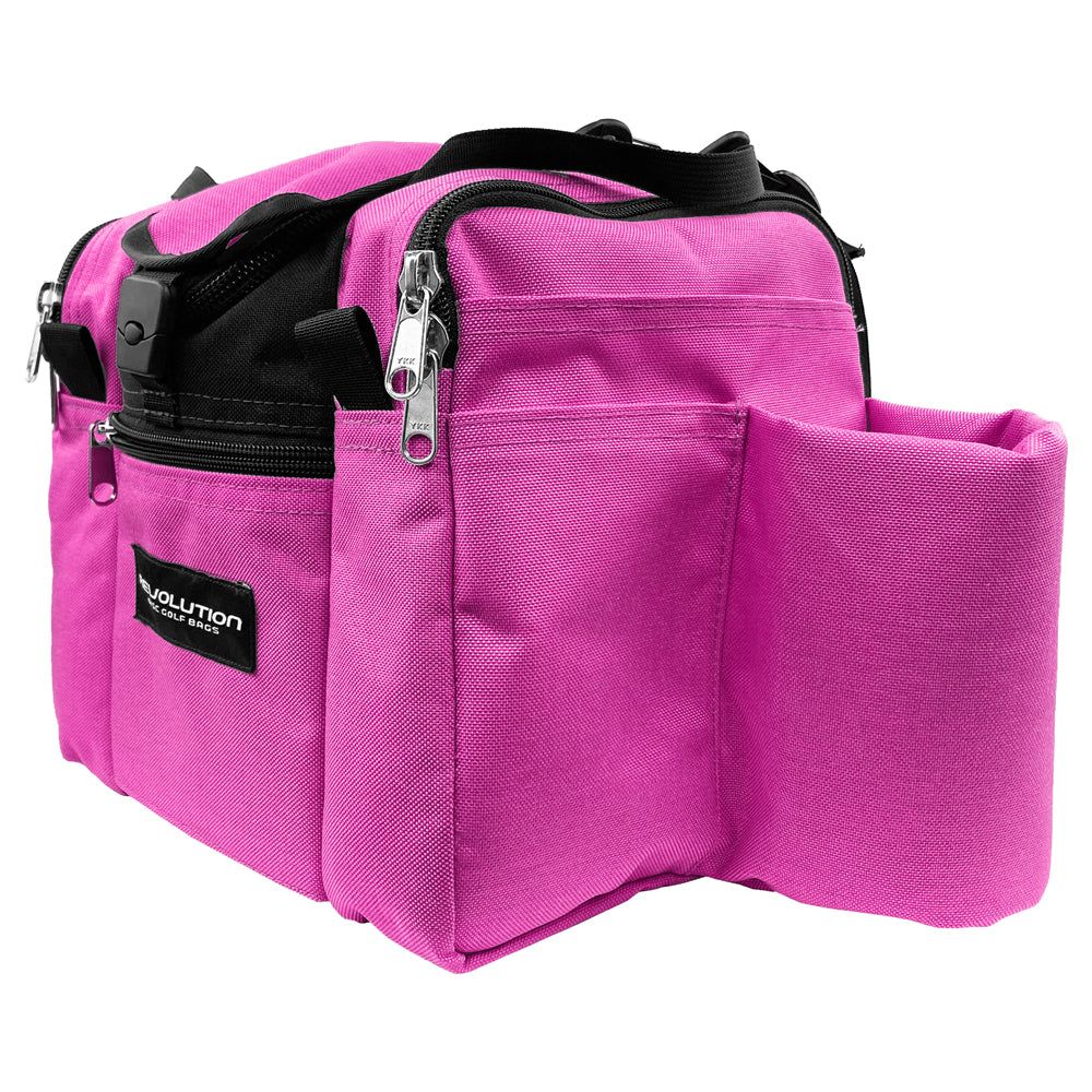 Gotta Go Gotta Throw Revolution Mini Deluxe V3 Disc Golf Bag in Brilliant Rose with black accents, compact and lightweight.