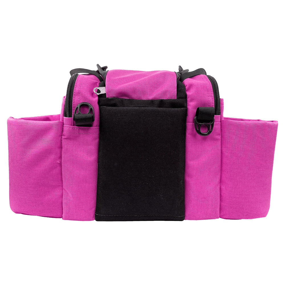 Gotta Go Gotta Throw Revolution Mini Deluxe V3 disc golf bag in brilliant rose with black accents, compact and durable.