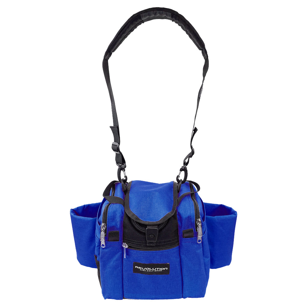 Gotta Go Gotta Throw Revolution Mini Deluxe V3 disc golf bag in lapis blue with black accents, compact and lightweight for disc storage.