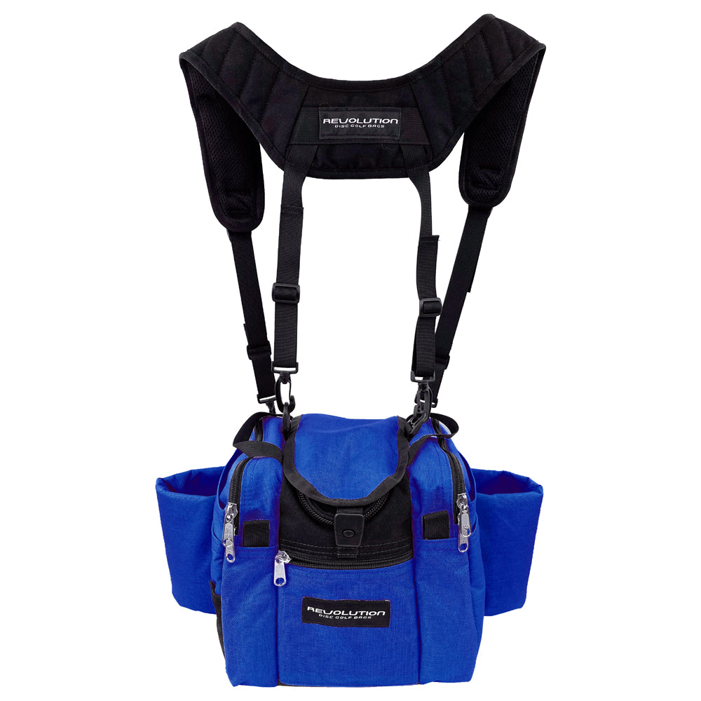 Gotta Go Gotta Throw Revolution Mini Deluxe V3 disc golf bag in lapis blue with black accents, compact and lightweight for disc storage.