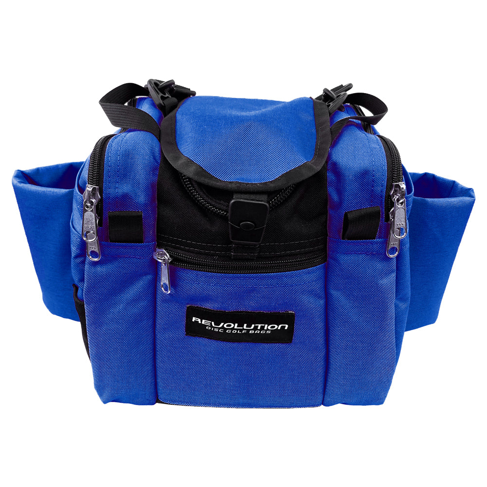 Gotta Go Gotta Throw Revolution Mini Deluxe V3 disc golf bag in lapis blue with black accents, compact and lightweight for disc storage.