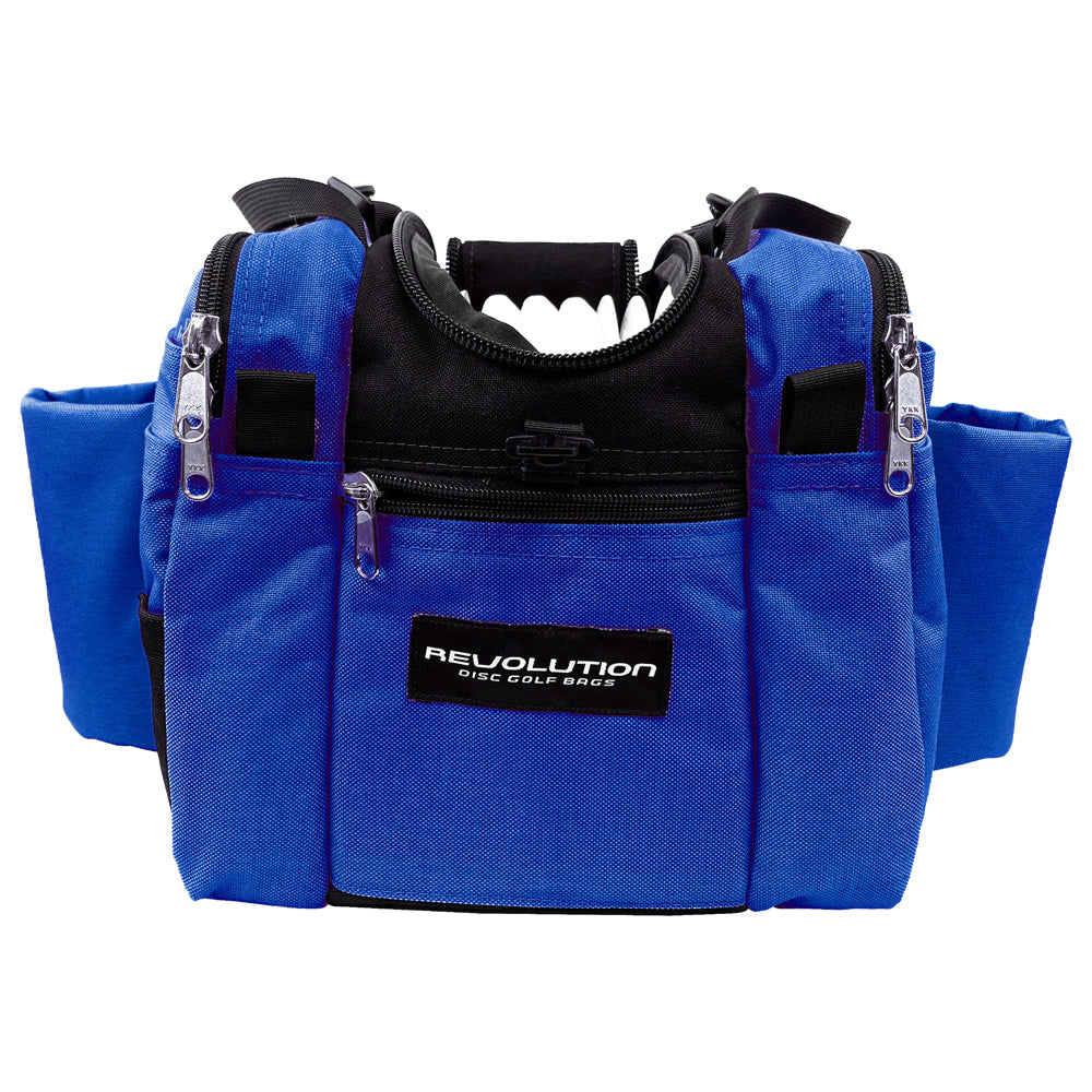Gotta Go Gotta Throw Revolution Mini Deluxe V3 Disc Golf Bag in lapis blue with black accents, compact and sturdy for disc storage.