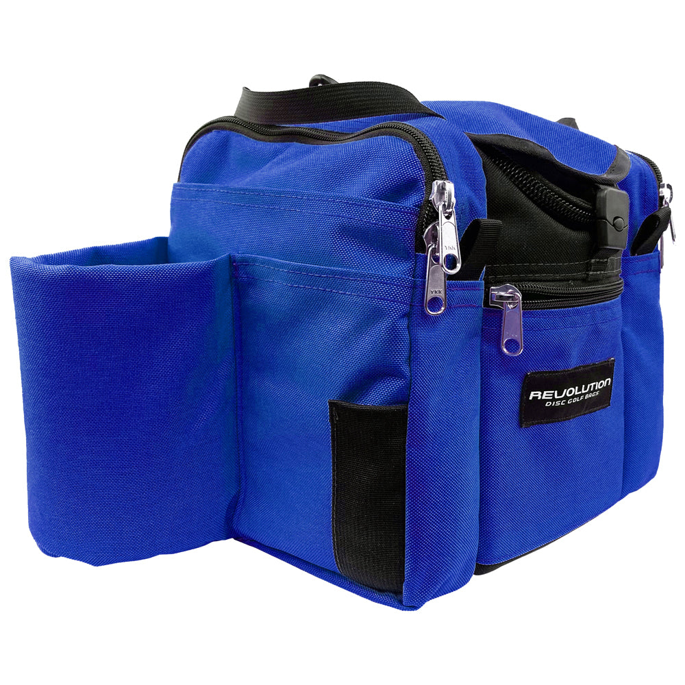 Gotta Go Gotta Throw Revolution Mini Deluxe V3 disc golf bag in lapis blue with multiple compartments and sturdy handle.