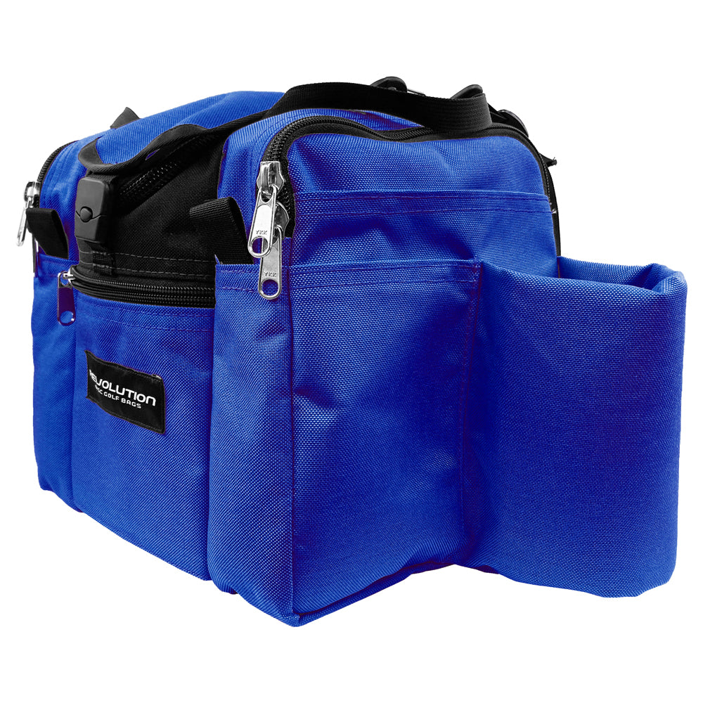 Gotta Go Gotta Throw Revolution Mini Deluxe V3 disc golf bag in lapis blue with black accents, compact and designed for disc storage.