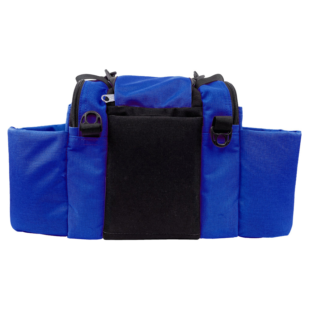 Gotta Go Gotta Throw Revolution Mini Deluxe V3 disc golf bag in lapis blue with black accents, compact and durable for disc storage.