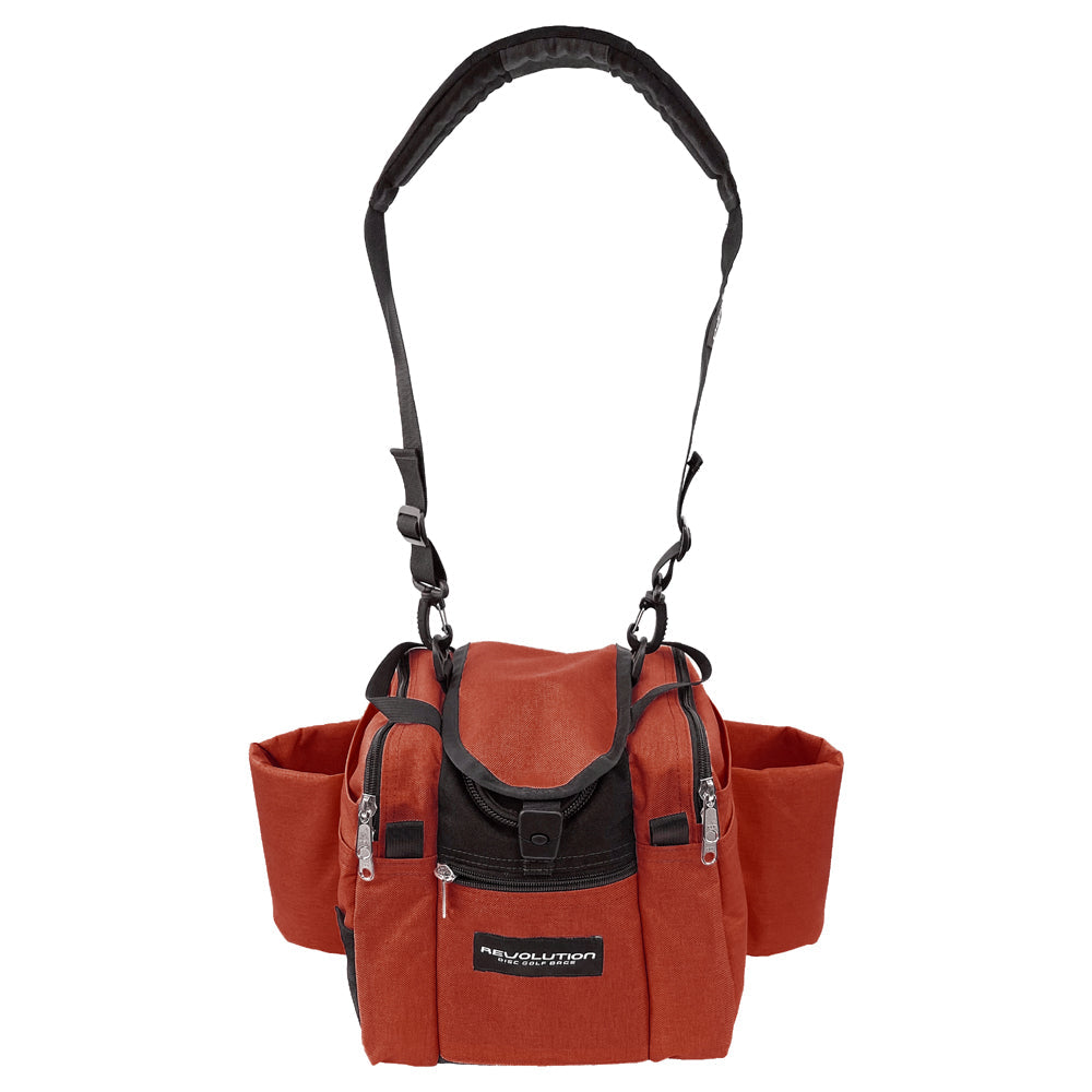 Gotta Go Gotta Throw Revolution Mini Deluxe V3 disc golf bag in rust color with black accents, compact and durable design.