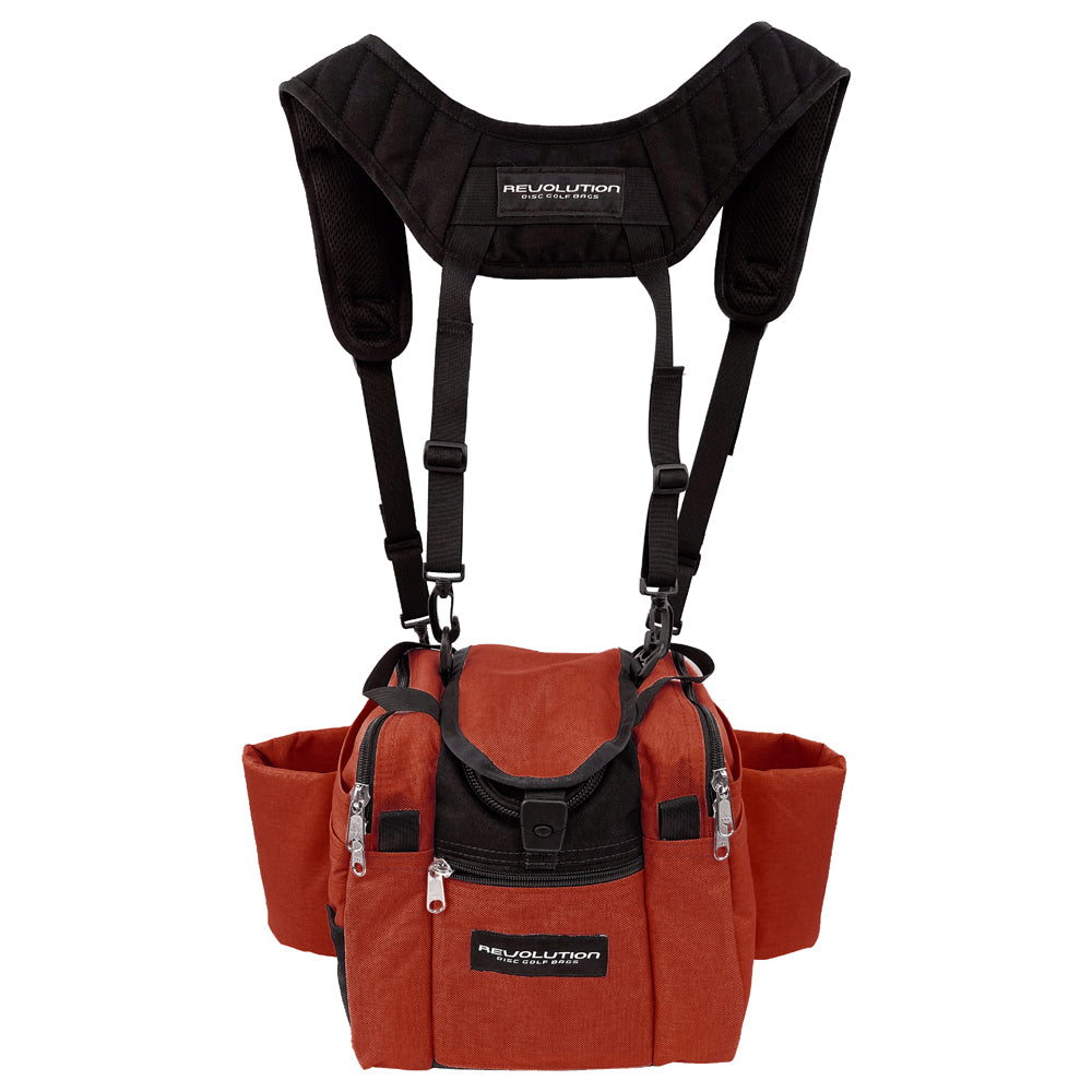 Gotta Go Gotta Throw Revolution Mini Deluxe V3 disc golf bag in rust color with black accents, compact and lightweight for disc storage.