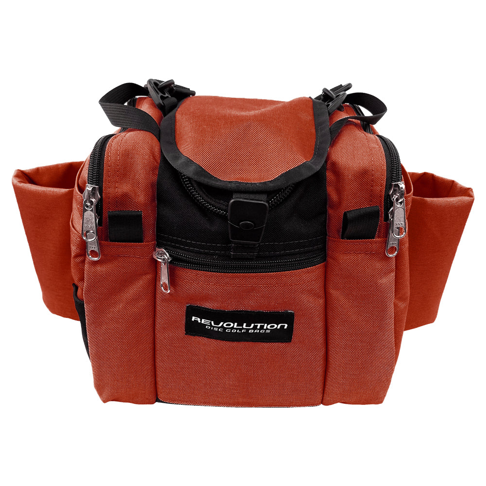 Gotta Go Gotta Throw Revolution Mini Deluxe V3 disc golf bag in rust with black accents, compact and durable for disc storage.