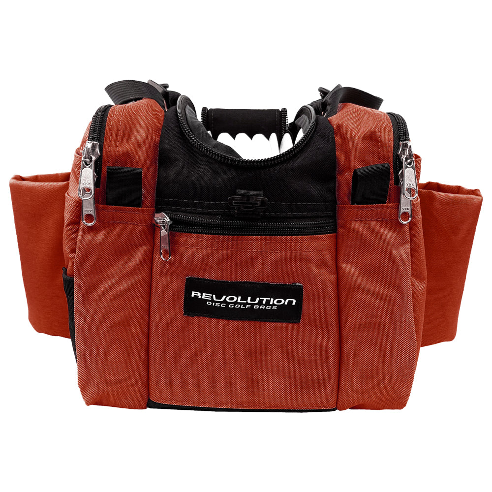 Gotta Go Gotta Throw Revolution Mini Deluxe V3 disc golf bag in rust with black accents, compact and durable for disc carrying.