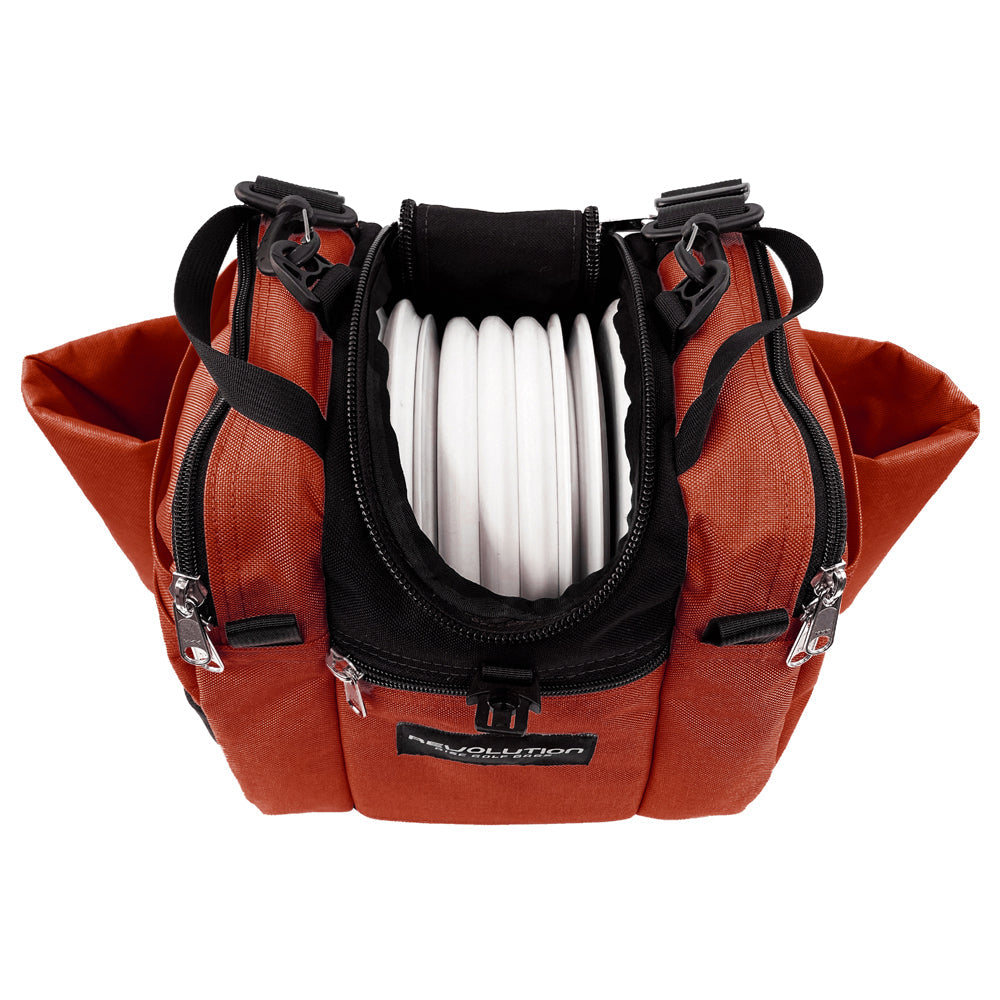 Gotta Go Gotta Throw Revolution Mini Deluxe V3 disc golf bag in rust with black accents, compact design for disc storage