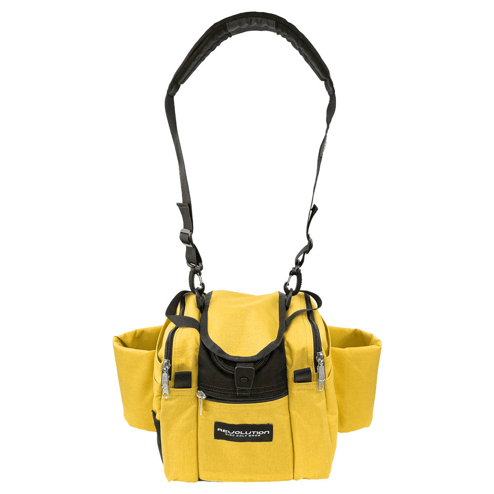 Gotta Go Gotta Throw Revolution Mini Deluxe V3 disc golf bag in yellow and black, compact and lightweight for disc storage.