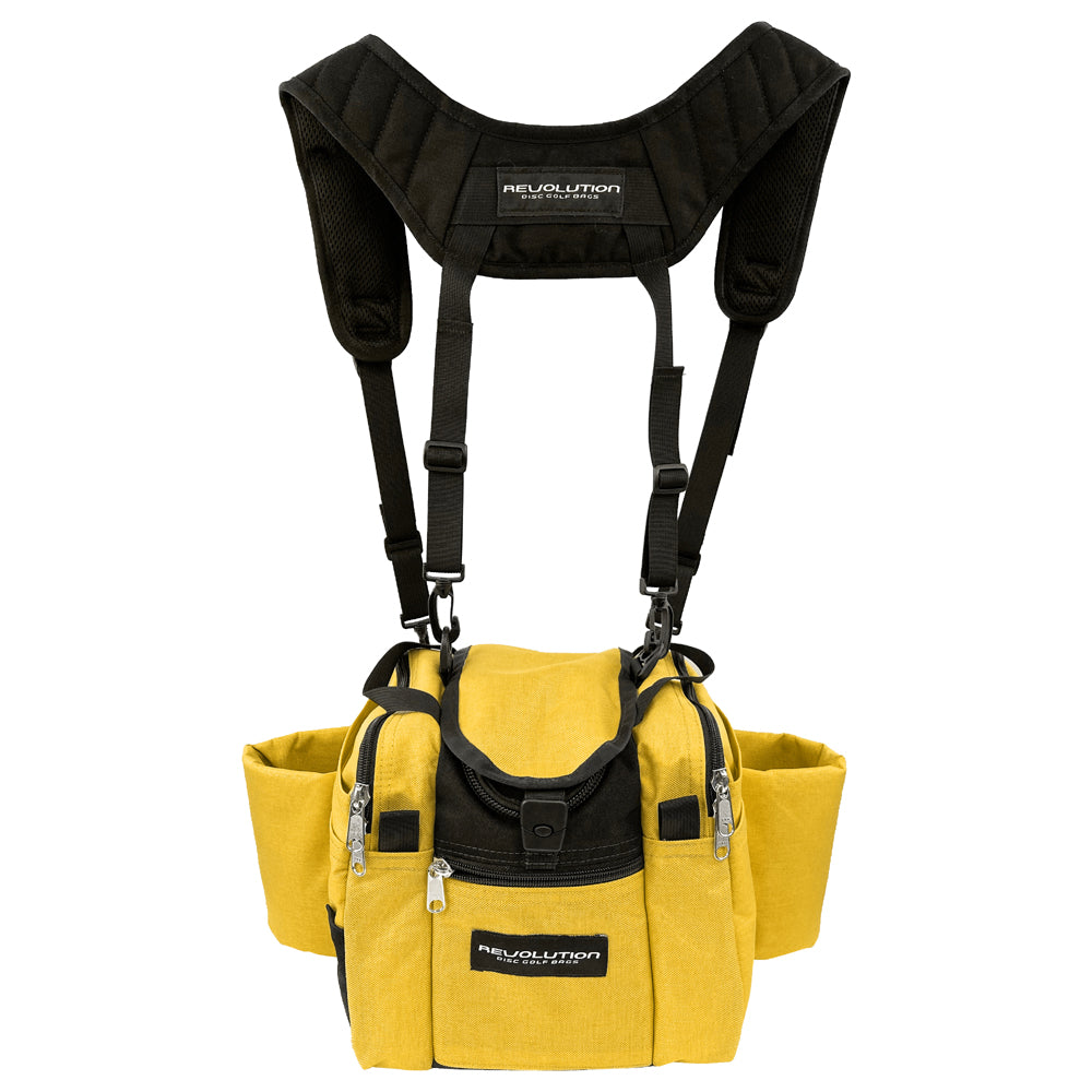 Gotta Go Gotta Throw Revolution Mini Deluxe V3 disc golf bag in yellow and black, compact bag with multiple storage compartments.