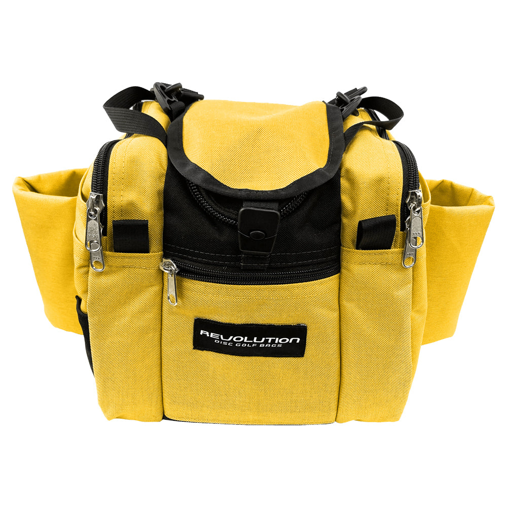 Gotta Go Gotta Throw Revolution Mini Deluxe V3 disc golf bag in yellow and black with multiple compartments and handle for easy carrying.