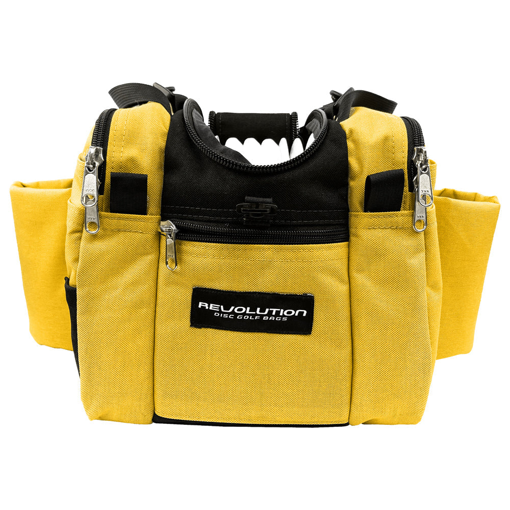 Gotta Go Gotta Throw Revolution Mini Deluxe V3 disc golf bag in yellow and black with multiple compartments and shoulder strap.