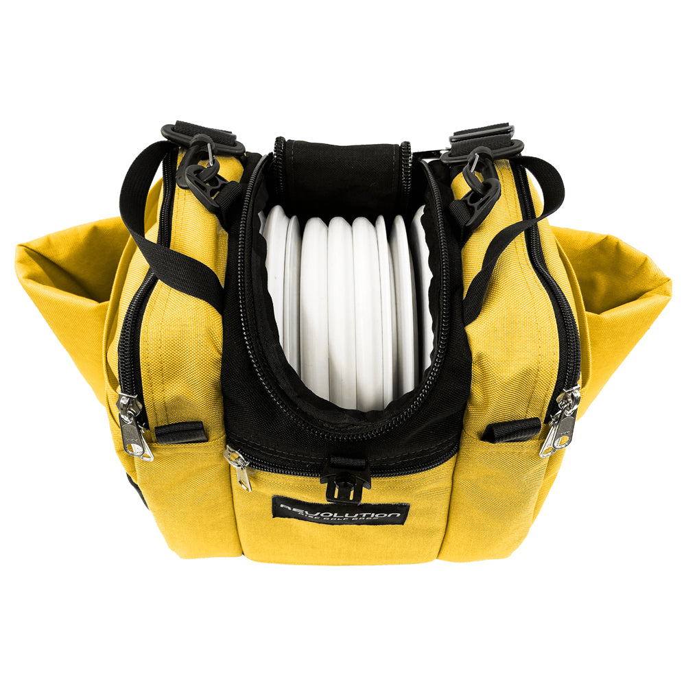 Gotta Go Gotta Throw Revolution Mini Deluxe V3 disc golf bag in yellow and black with multiple compartments and adjustable straps.