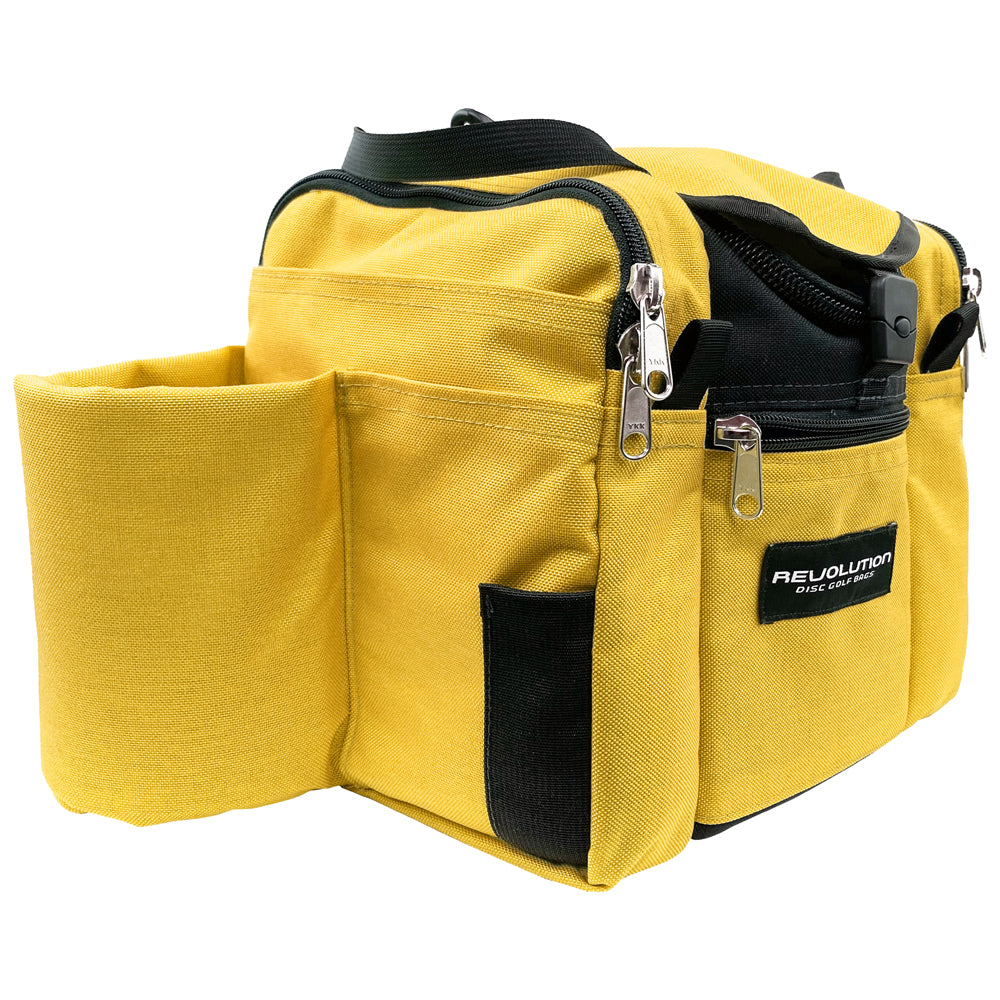 Gotta Go Gotta Throw Revolution Mini Deluxe V3 disc golf bag in yellow and black with multiple compartments and adjustable straps.