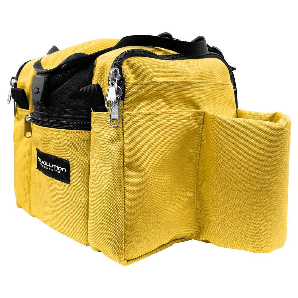 Gotta Go Gotta Throw Revolution Mini Deluxe V3 disc golf bag in yellow and black with multiple compartments and a compact design