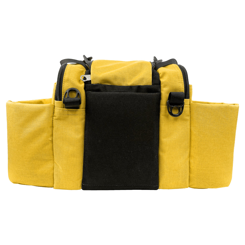 Gotta Go Gotta Throw Revolution Mini Deluxe V3 disc golf bag in yellow and black with multiple compartments and adjustable straps.
