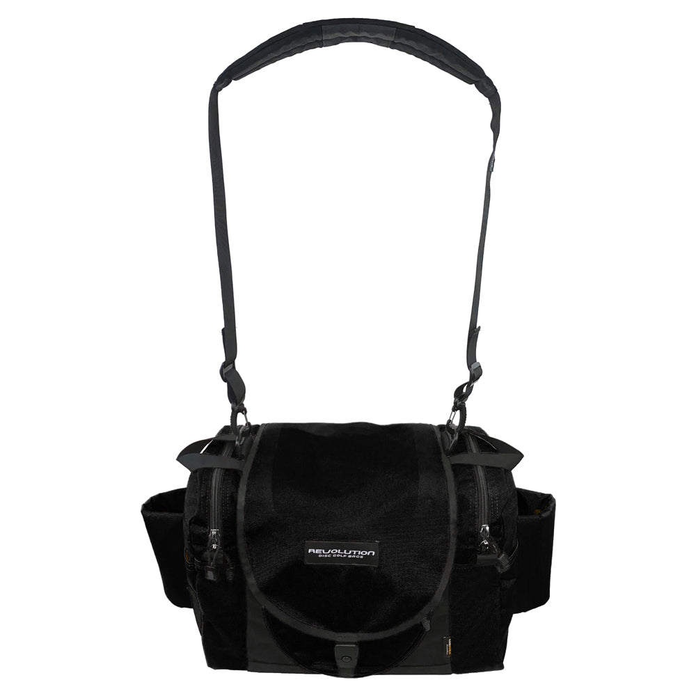 Gotta Go Gotta Throw Revolution Carolina Team V3 disc golf bag in onyx black with multiple compartments and sturdy carrying straps.